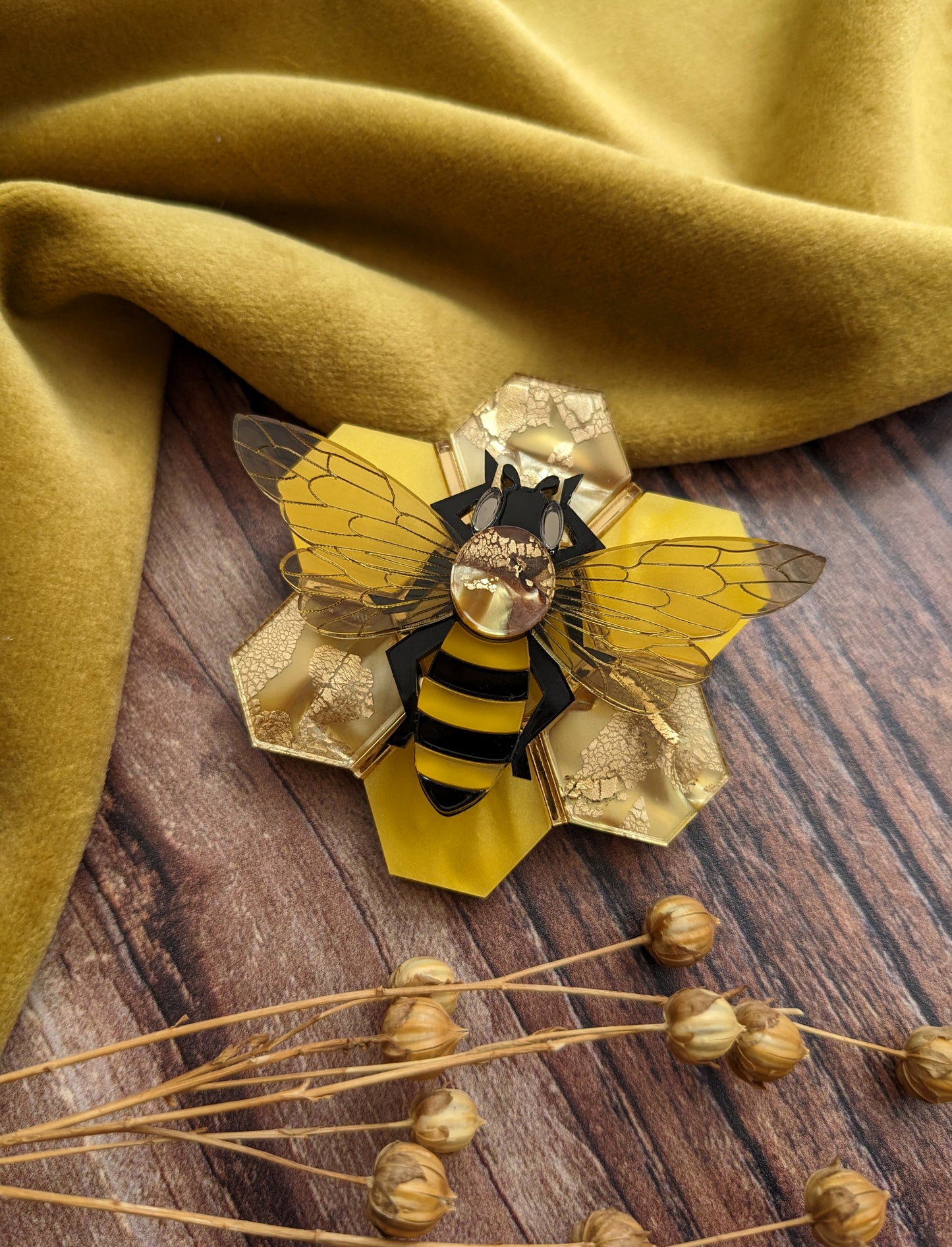 Honey Bee on Honeycomb Brooch (new recycled acrylic)