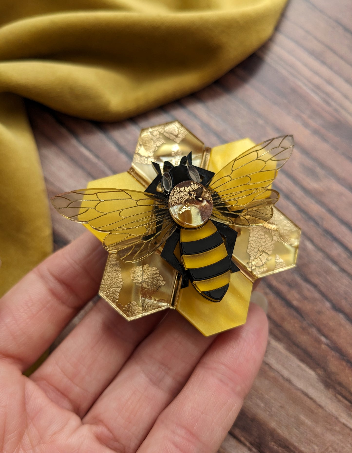 Honey Bee on Honeycomb Brooch (new recycled acrylic)