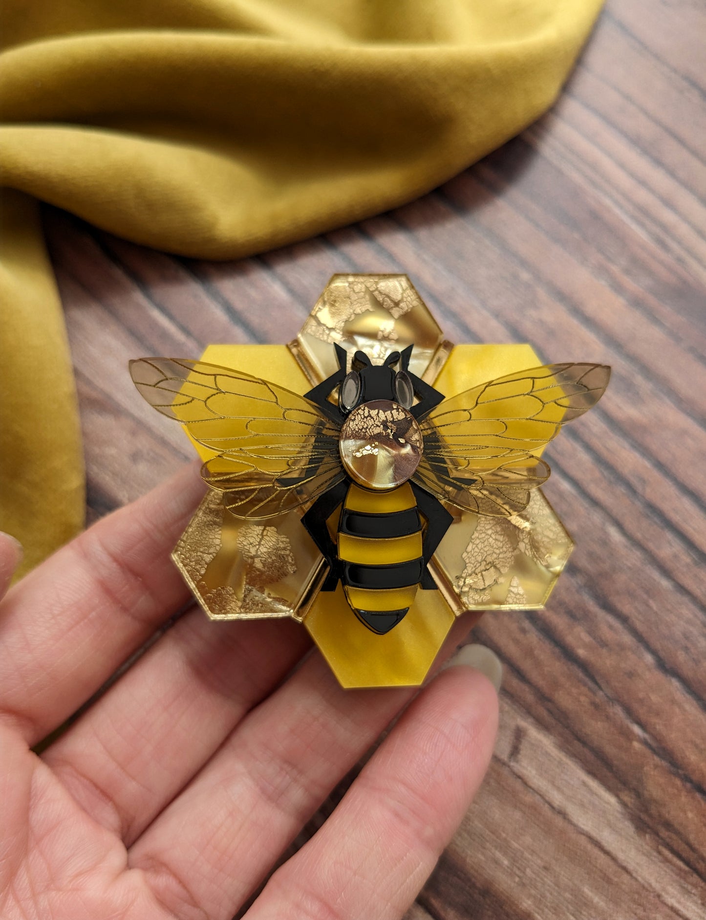 Honey Bee on Honeycomb Brooch (new recycled acrylic)