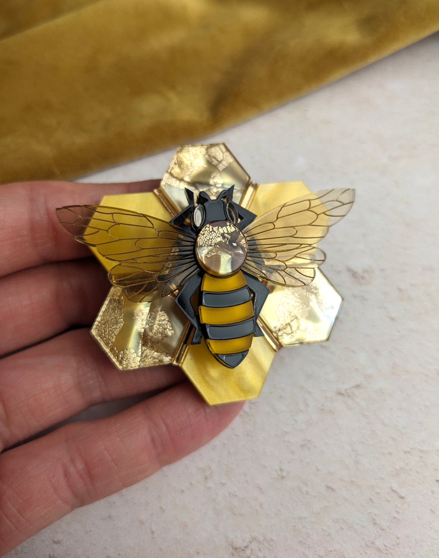 Honey Bee on Honeycomb Brooch (new recycled acrylic)