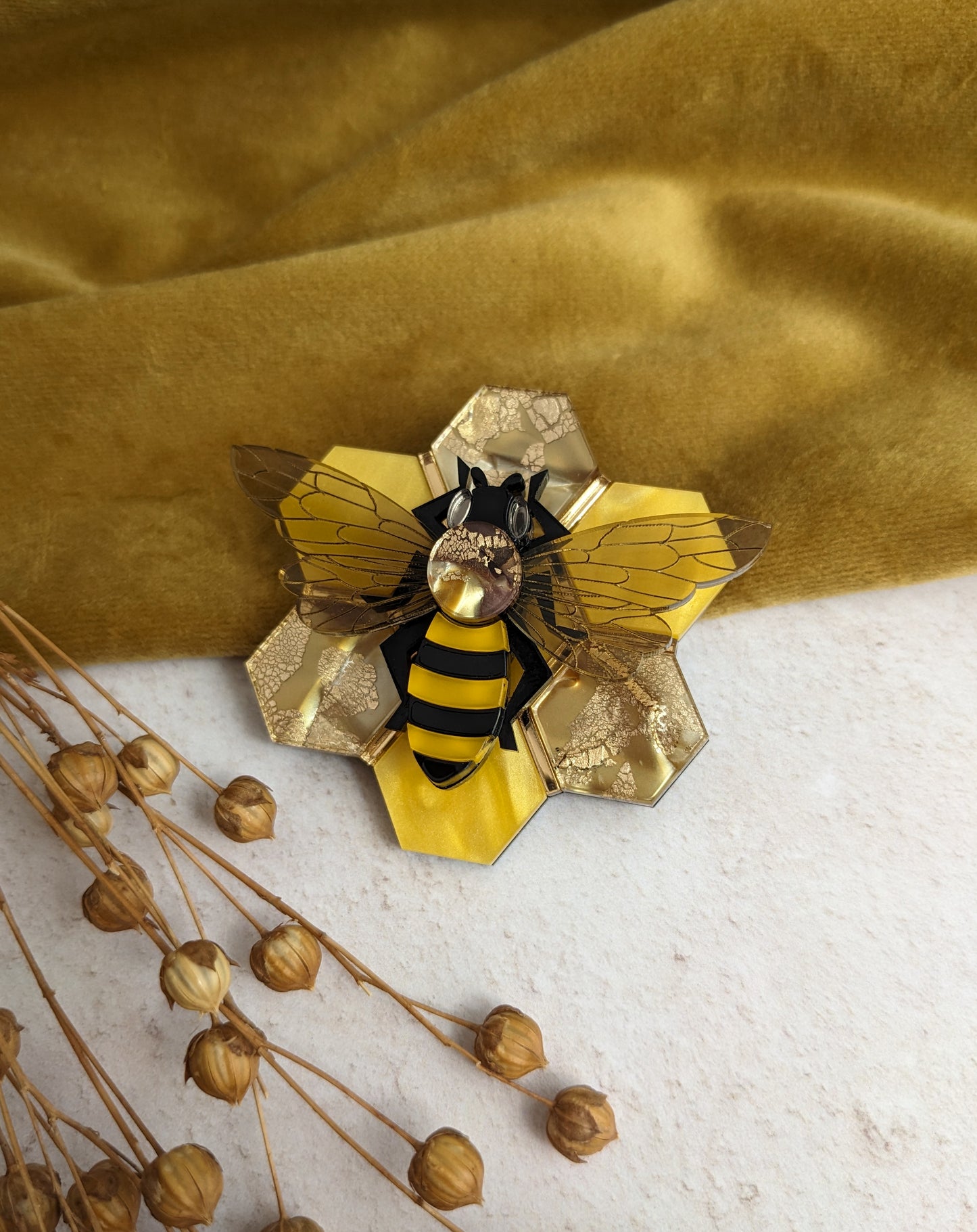 Honey Bee on Honeycomb Brooch (new recycled acrylic)