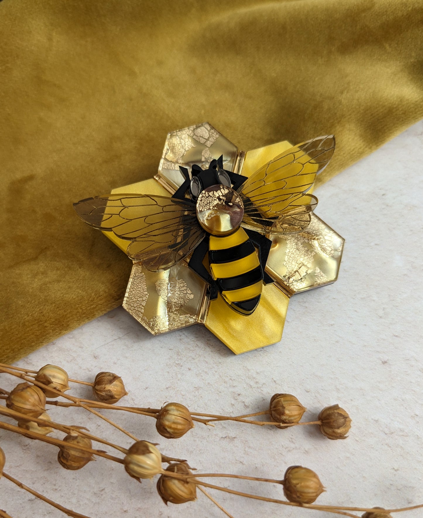 Honey Bee on Honeycomb Brooch (new recycled acrylic)