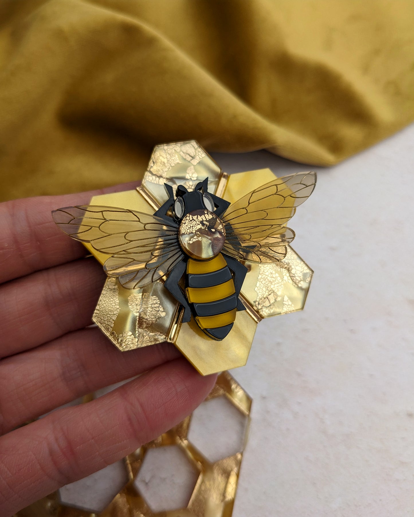 Honey Bee on Honeycomb Brooch (new recycled acrylic)