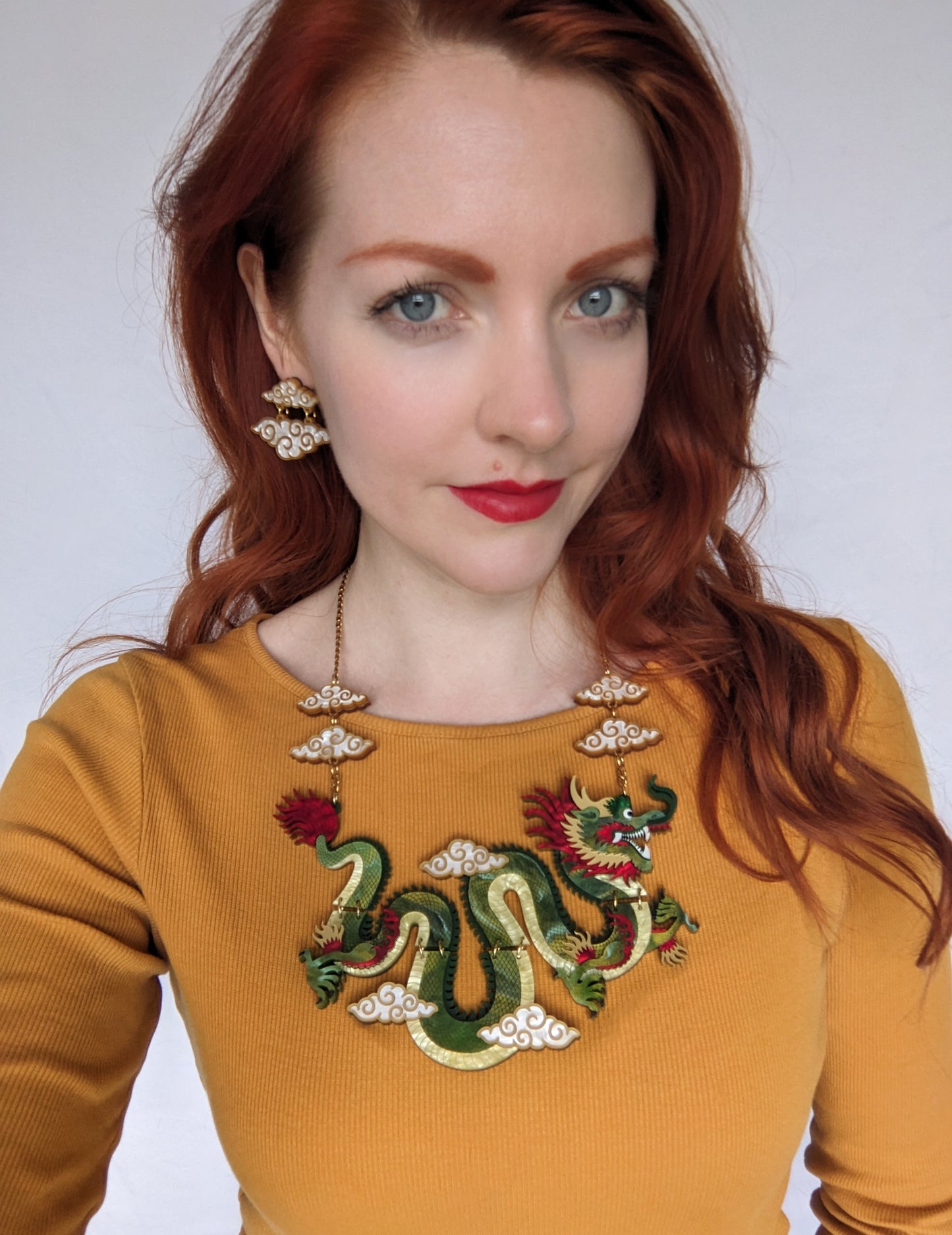 Handmade laser cut articulated acrylic chinese dragon statement necklace 