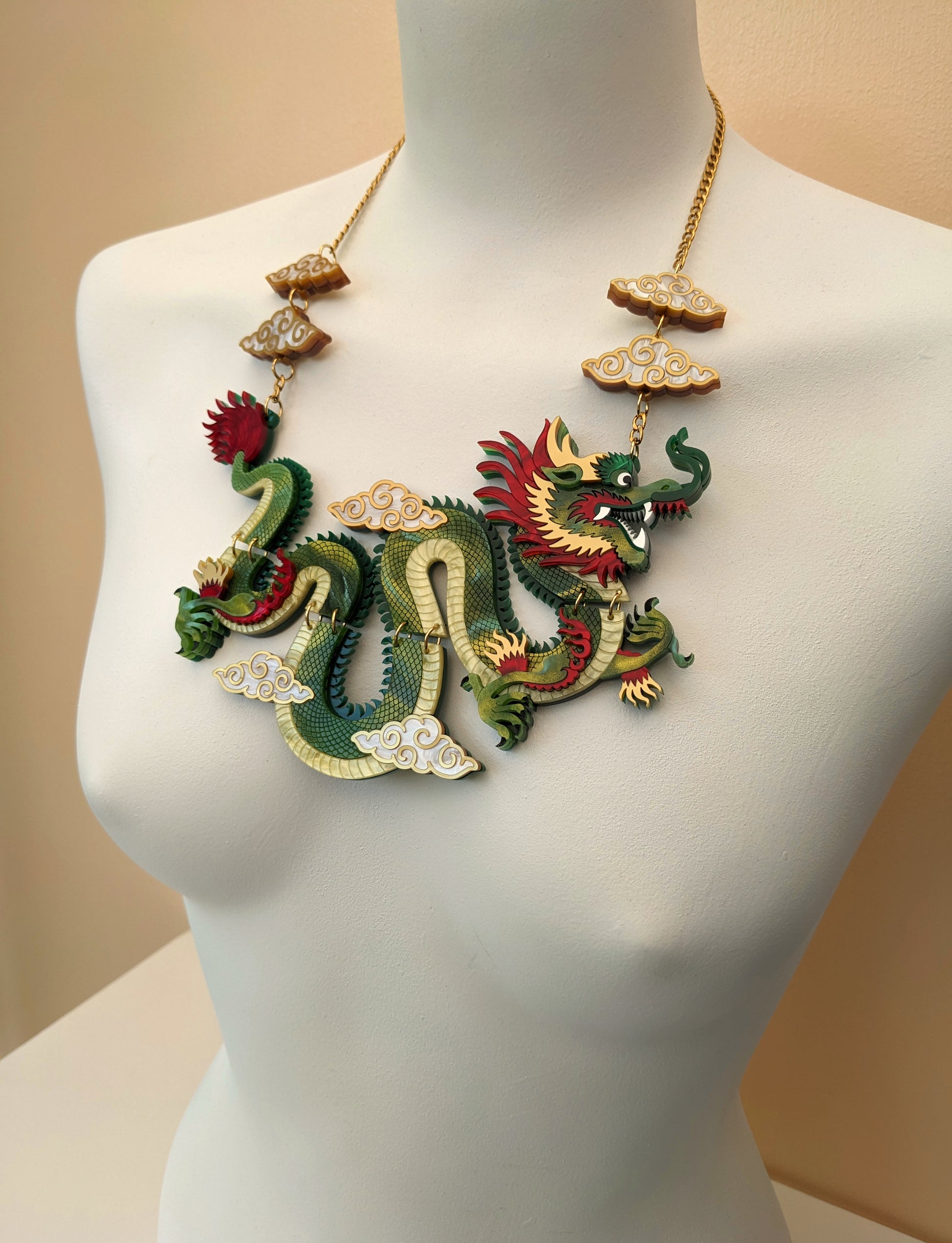 Handmade laser cut articulated acrylic chinese dragon statement necklace 