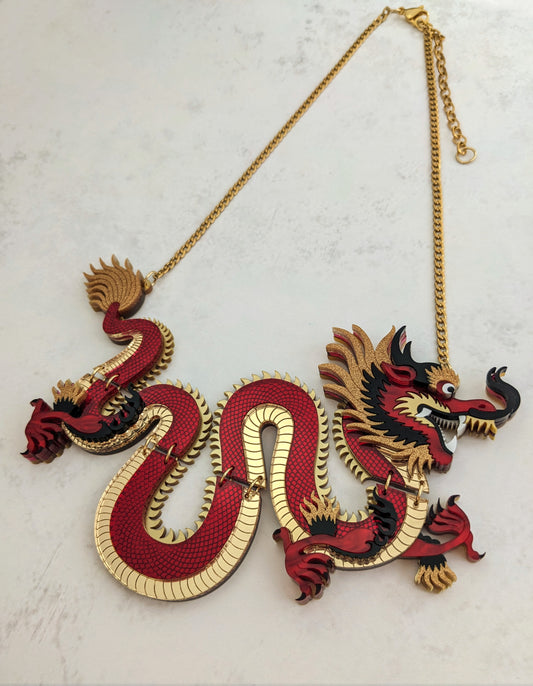 PRE ORDER Acrylic Statement Chinese Dragon Necklace Without Clouds RED
