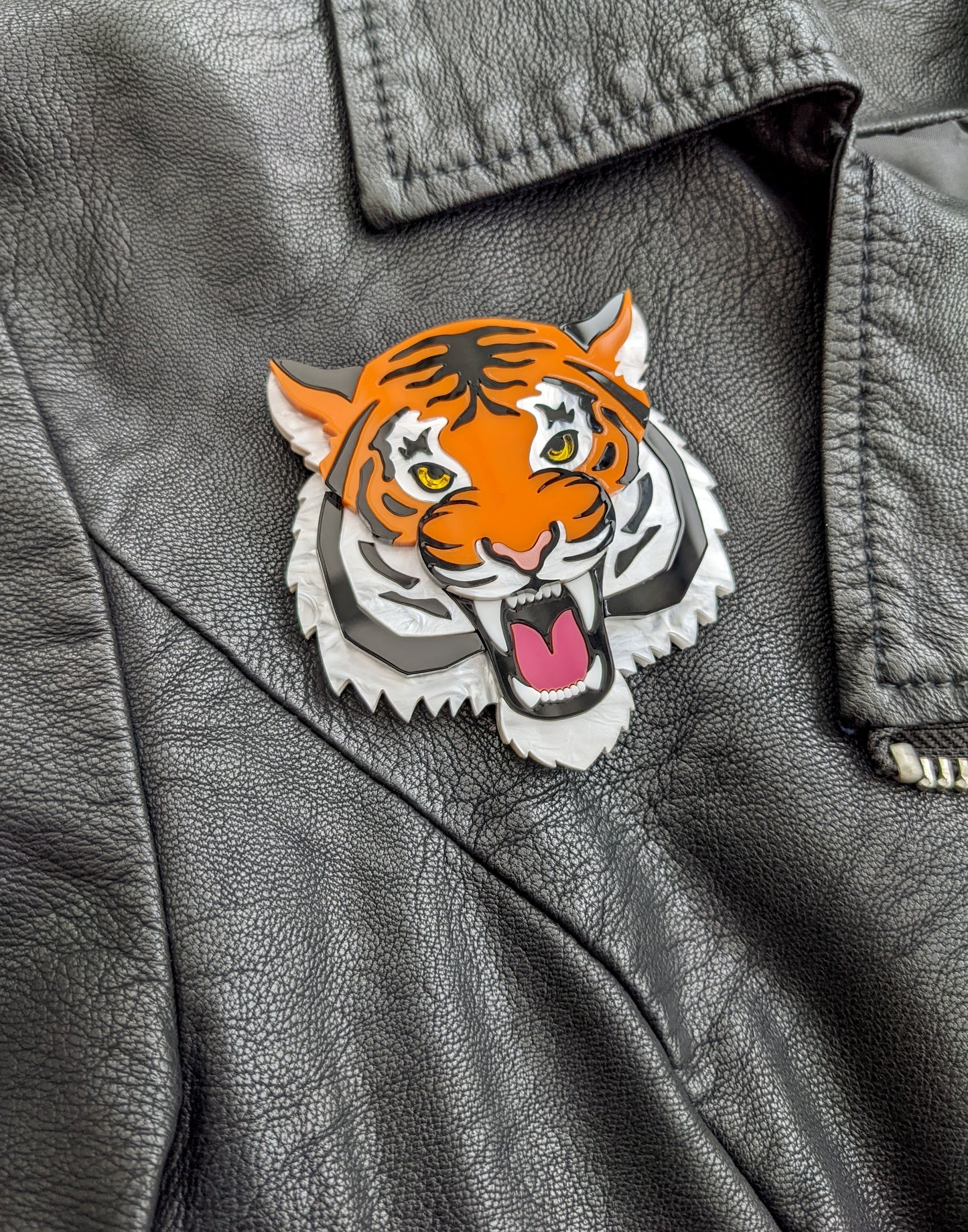 PRE ORDER Fierce Tiger Brooch (choose orange or the new white pearl marble version).