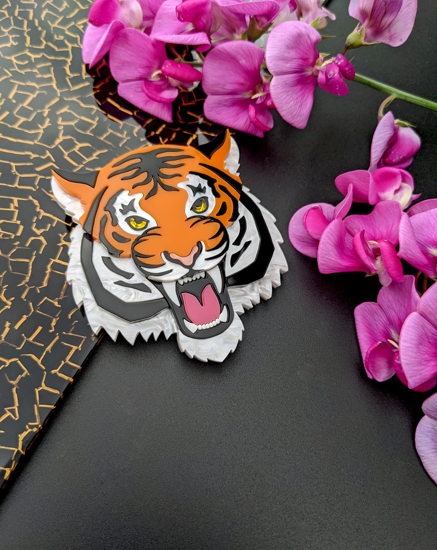 PRE ORDER Fierce Tiger Brooch (choose orange or the new white pearl marble version).