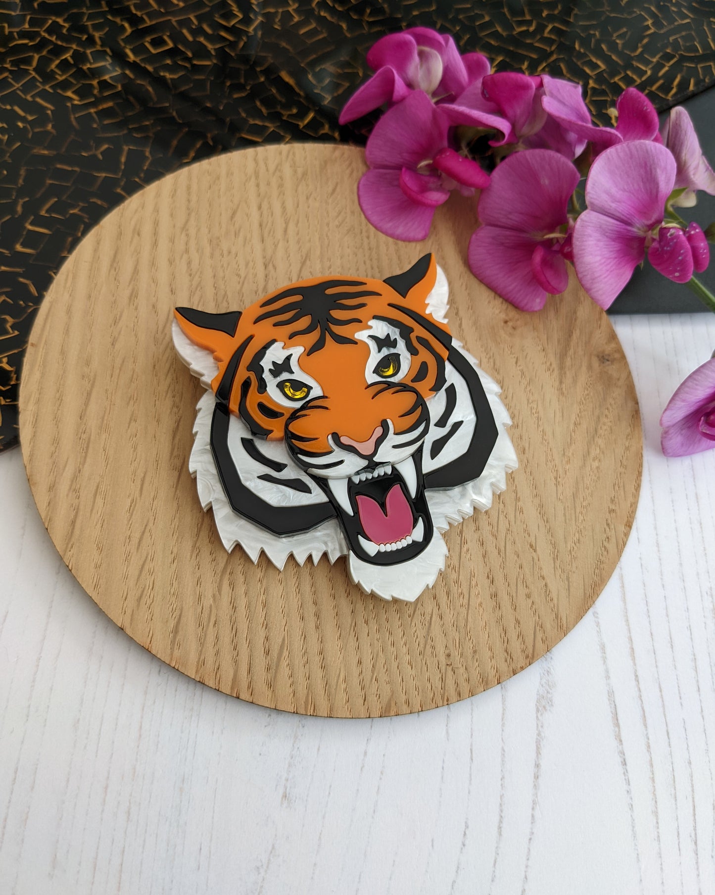 PRE ORDER Fierce Tiger Brooch (choose orange or the new white pearl marble version).