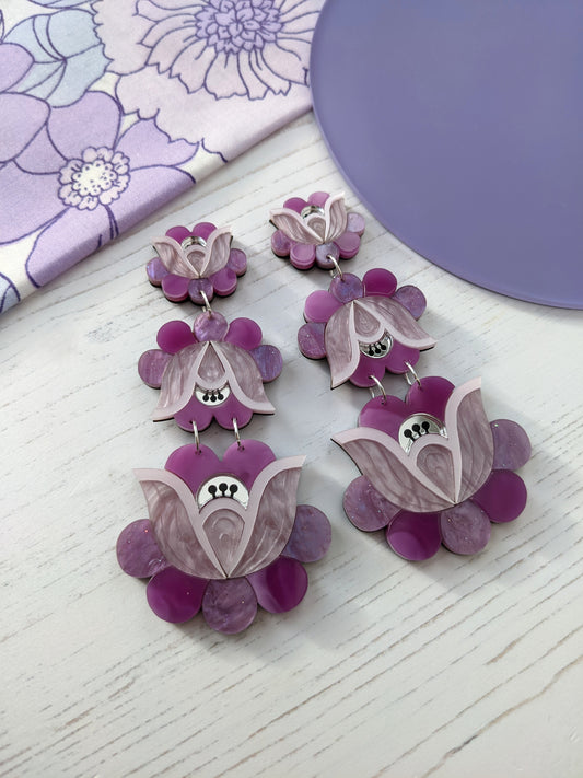 PRE ORDER Statement Folk Floral Earrings - Purple