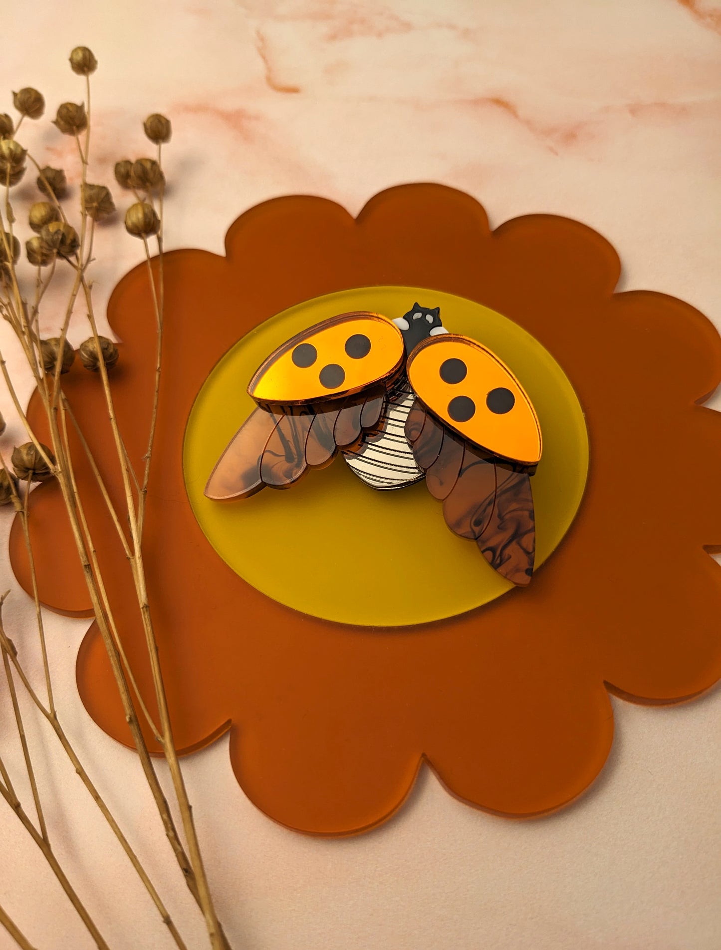 PRE ORDER Ladybird Brooch Orange Mirror