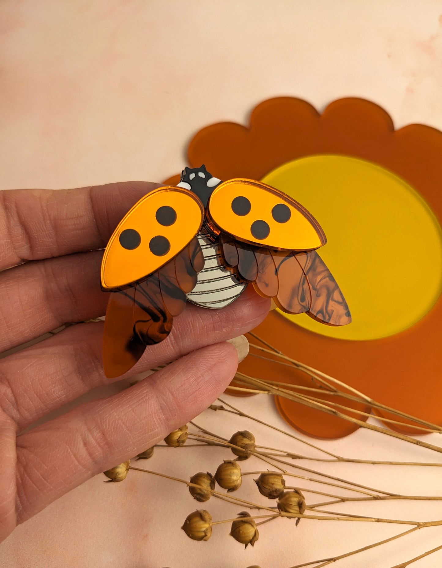 PRE ORDER Ladybird Brooch Orange Mirror