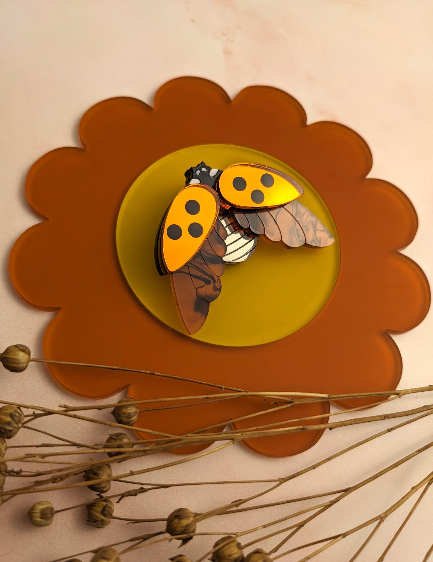 PRE ORDER Ladybird Brooch Orange Mirror