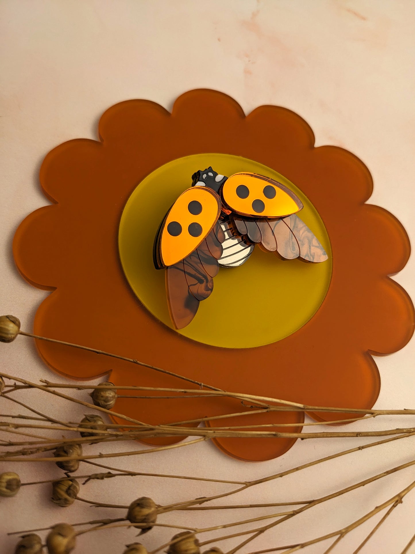 PRE ORDER Ladybird Brooch Orange Mirror