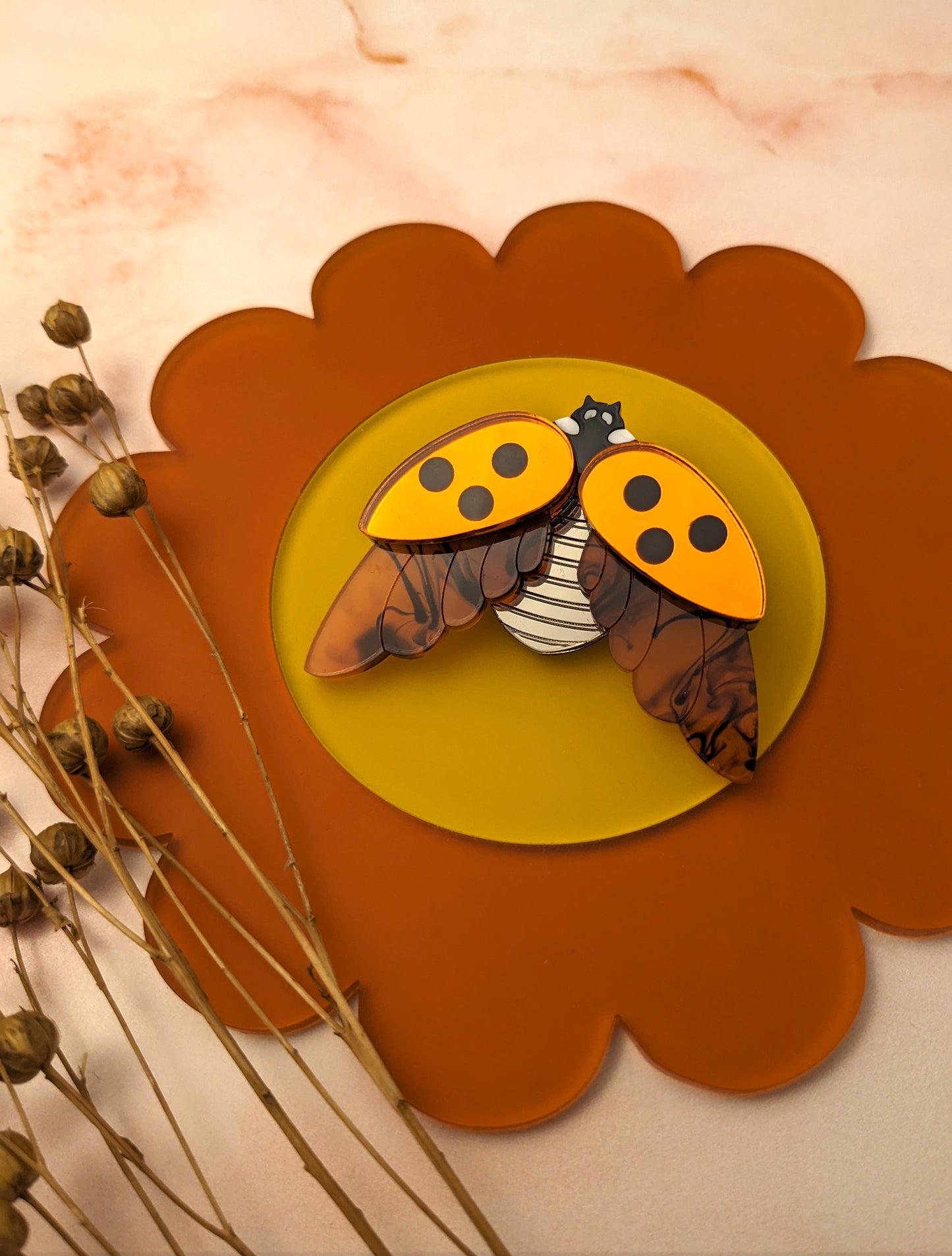 PRE ORDER Ladybird Brooch Orange Mirror