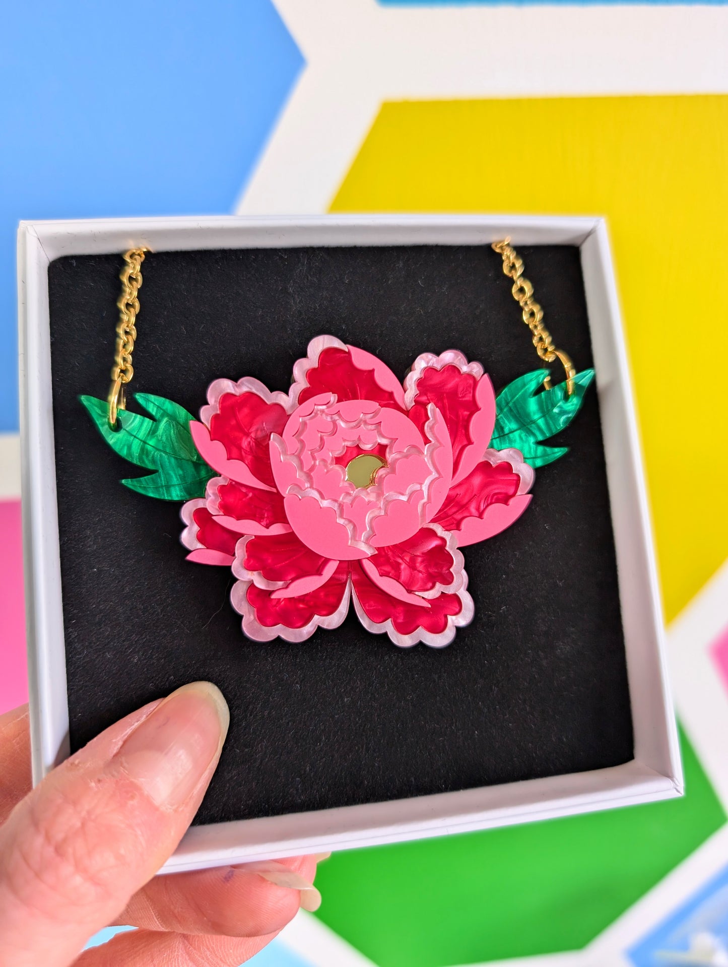 Handmade laser cut floral peony necklace. Acrylic jewellery jewelry 