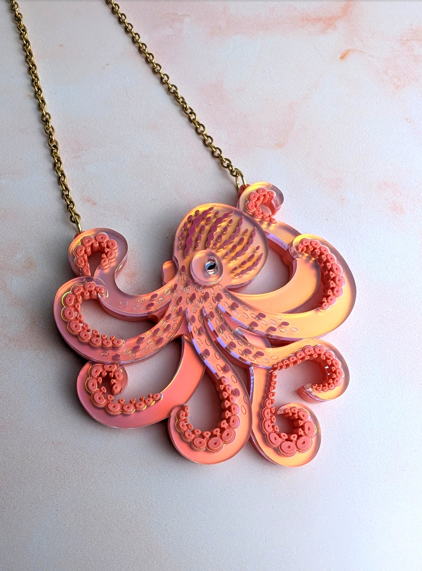 PRE ORDER Octopus (side on) Necklace, 2 Sizes Iridescent CORAL