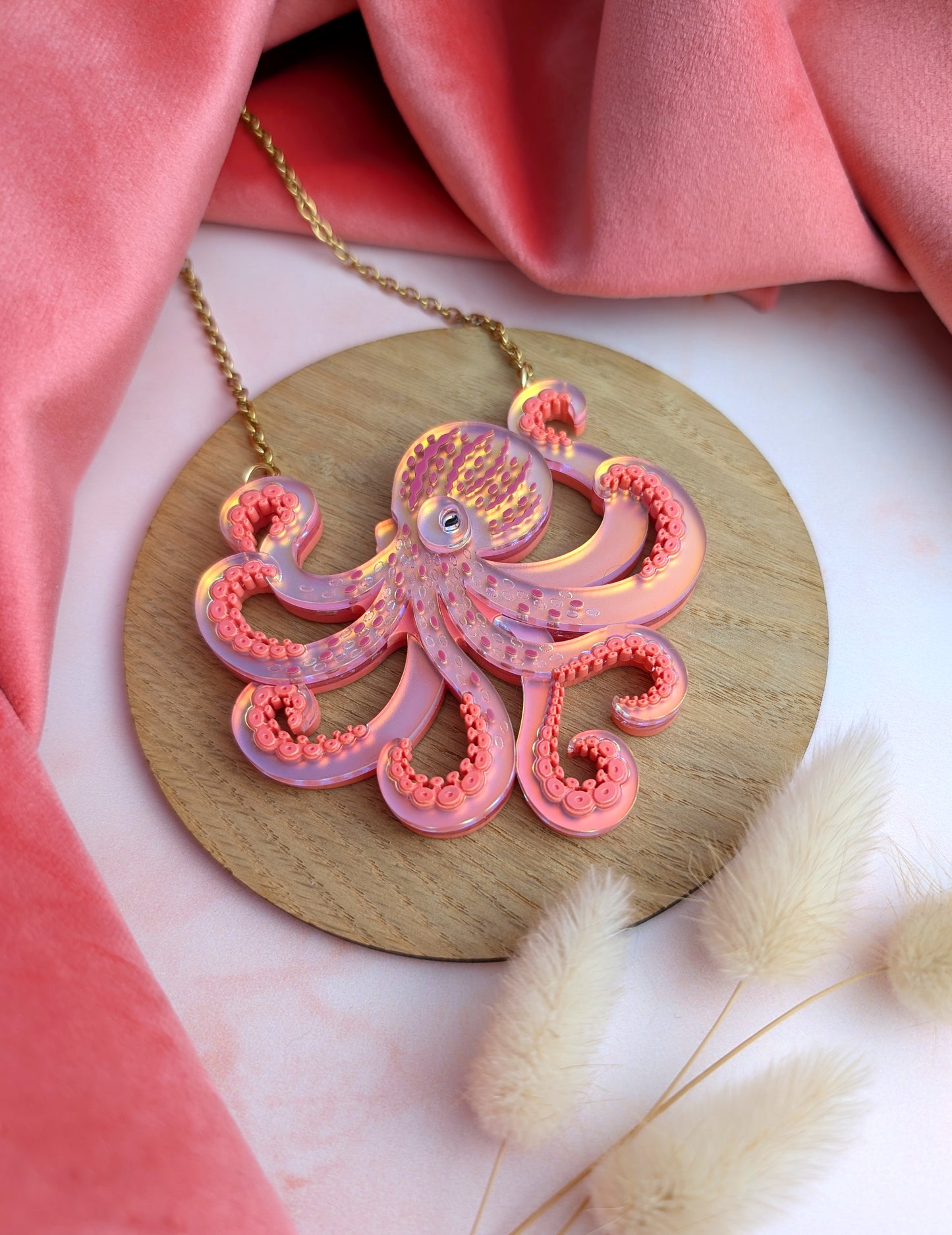 PRE ORDER Octopus (side on) Necklace, 2 Sizes Iridescent CORAL