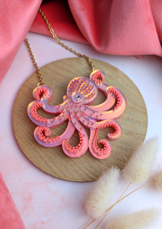 PRE ORDER Acrylic Octopus (side on) Necklace, 2 Sizes Iridescent CORAL