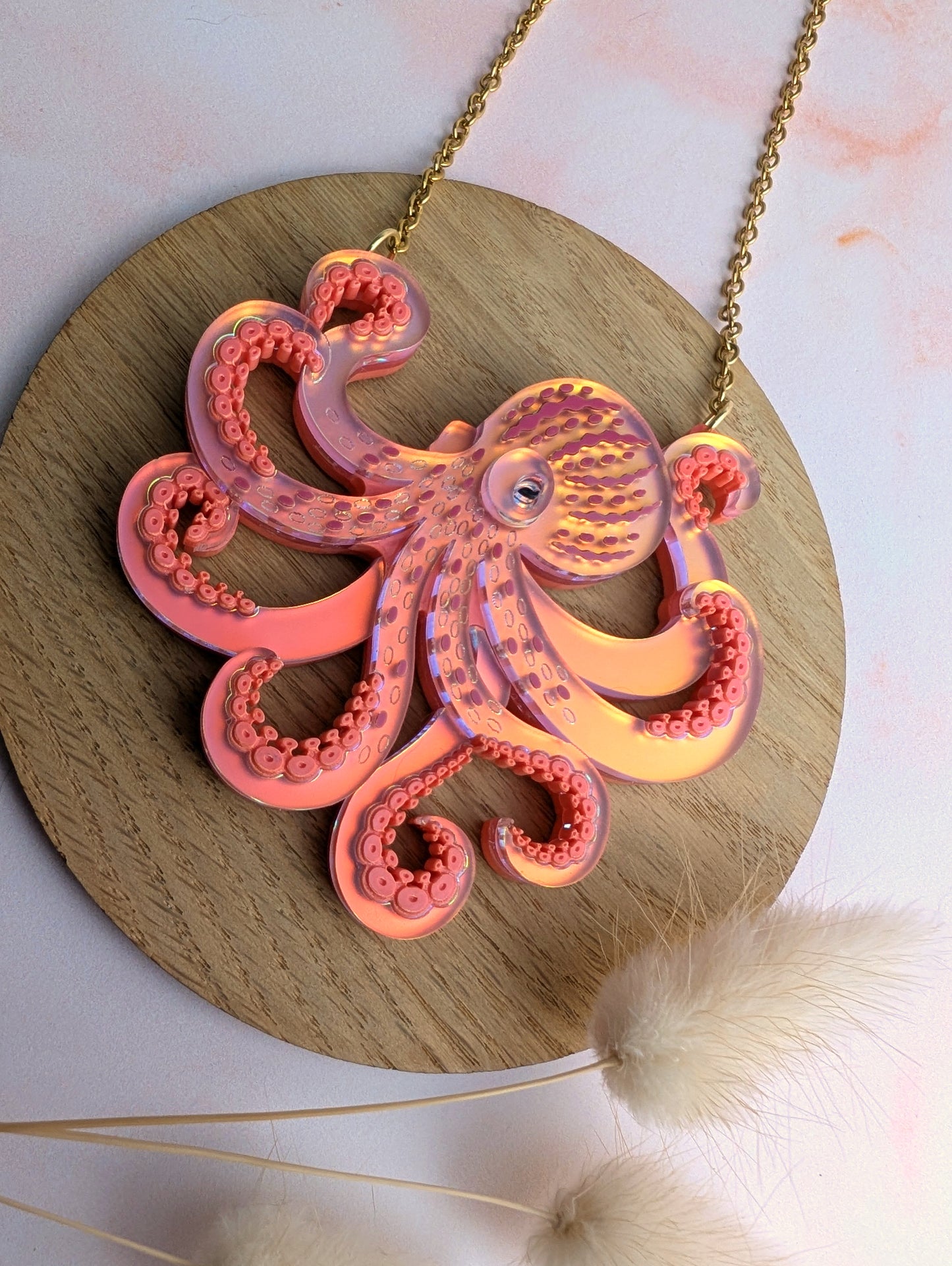 PRE ORDER Octopus (side on) Necklace, 2 Sizes Iridescent CORAL