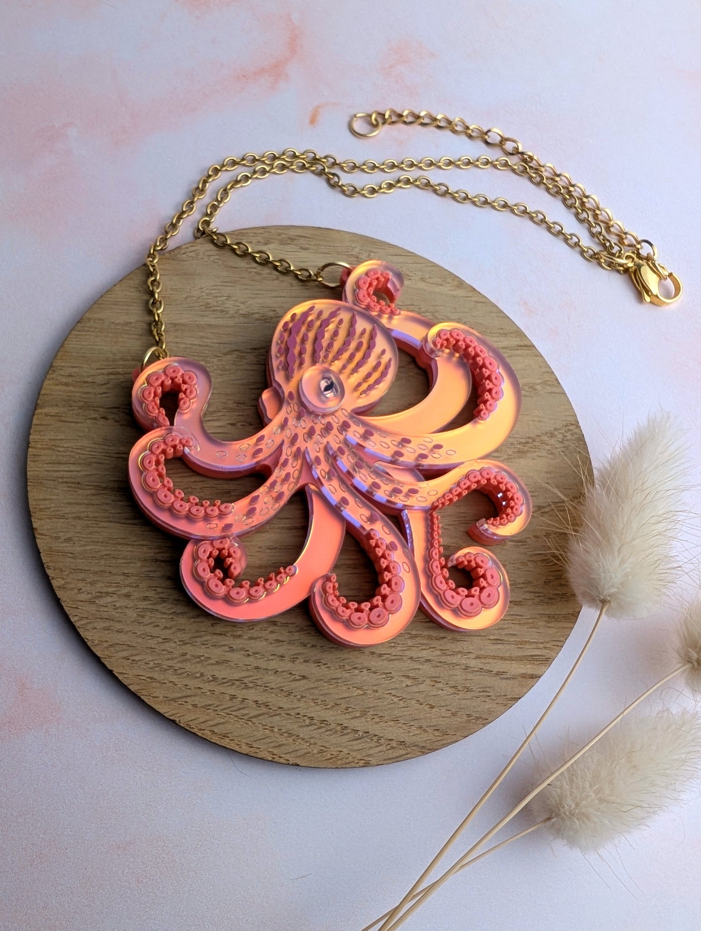 PRE ORDER Octopus (side on) Necklace, 2 Sizes Iridescent CORAL
