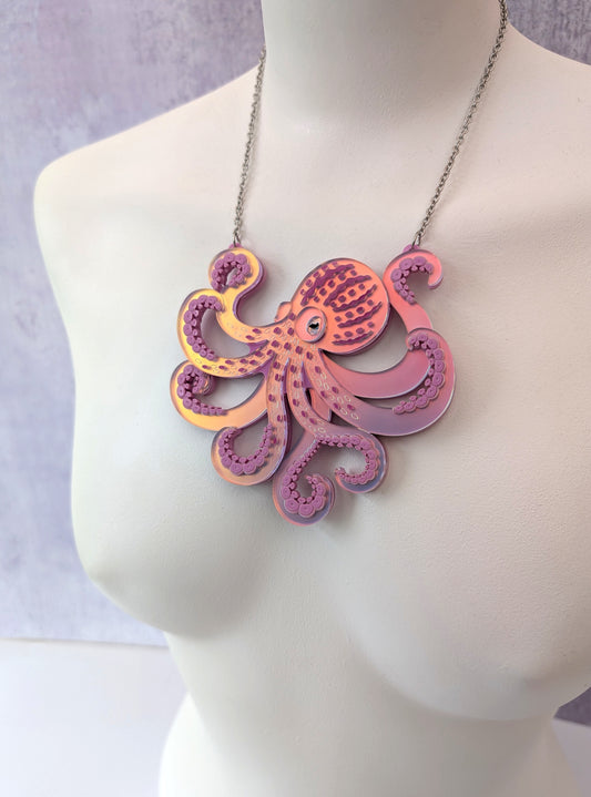 Laser cut handmade acrylic octopus necklace in iridescent lilac