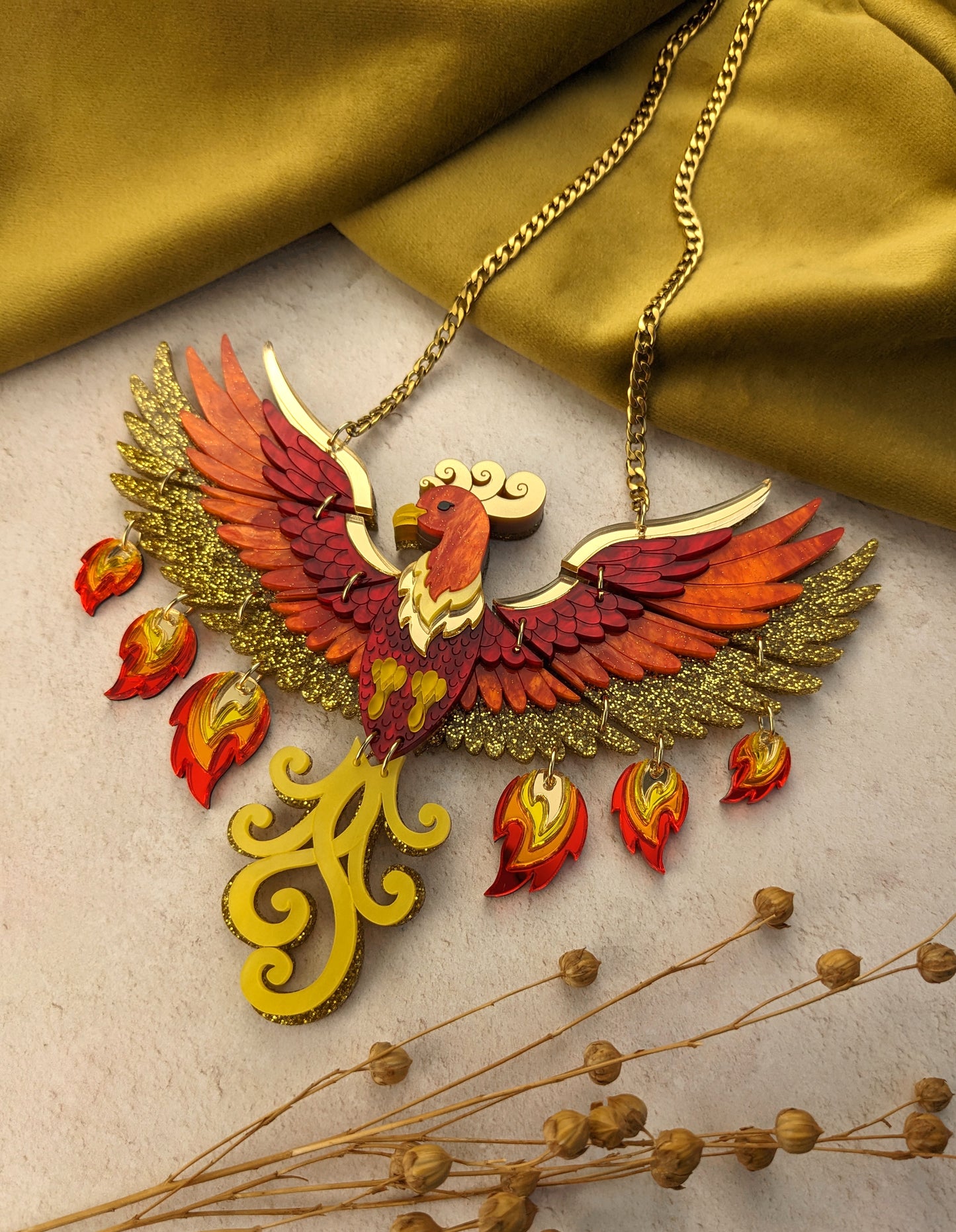 PRE ORDER Statement Rise Of The Phoenix Necklace (regular jump rings, 3 tail colours)