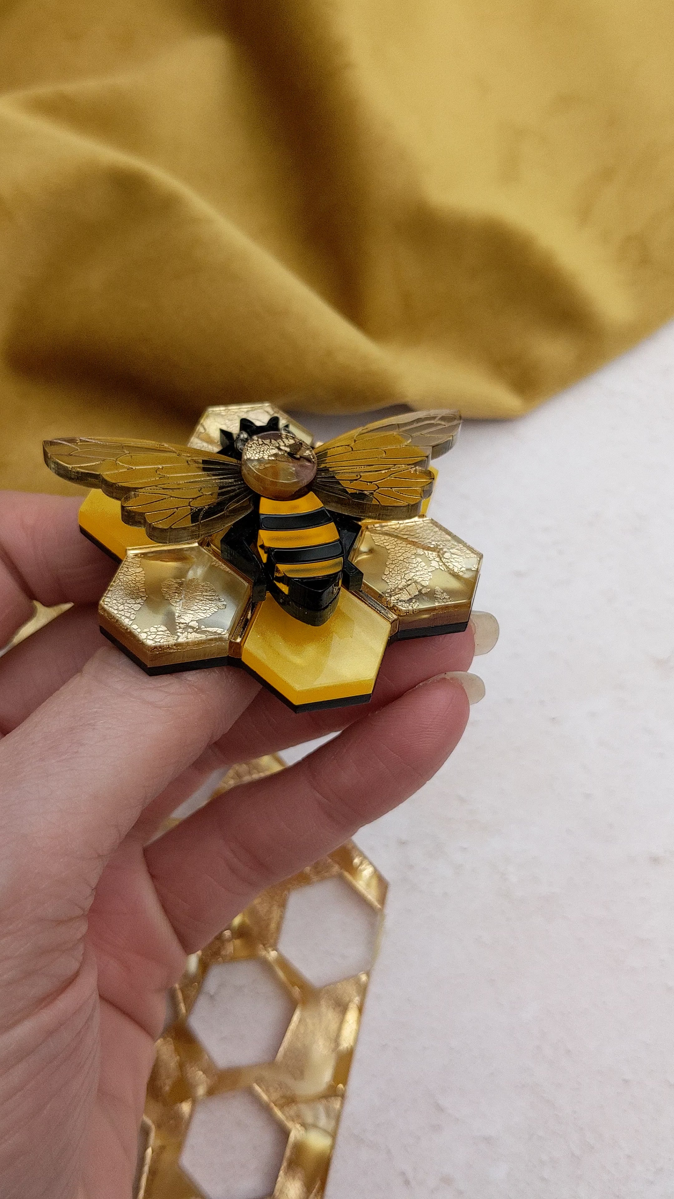 PRE ORDER Honey Bee on Honeycomb Brooch (featuring in house