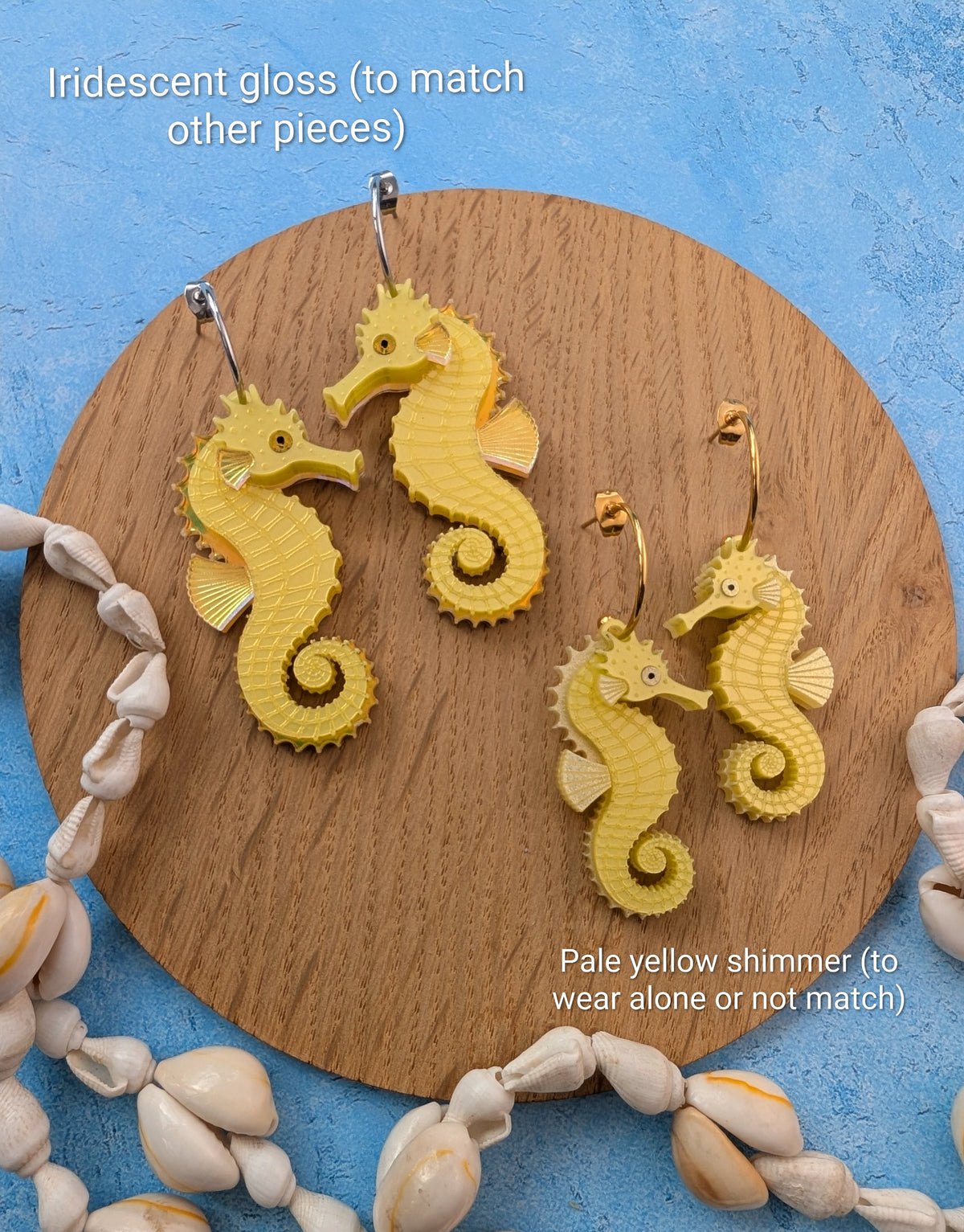 PRE ORDER Single Seahorse Earrings YELLOW (two sizes)(iridescent accent option matches other pieces)