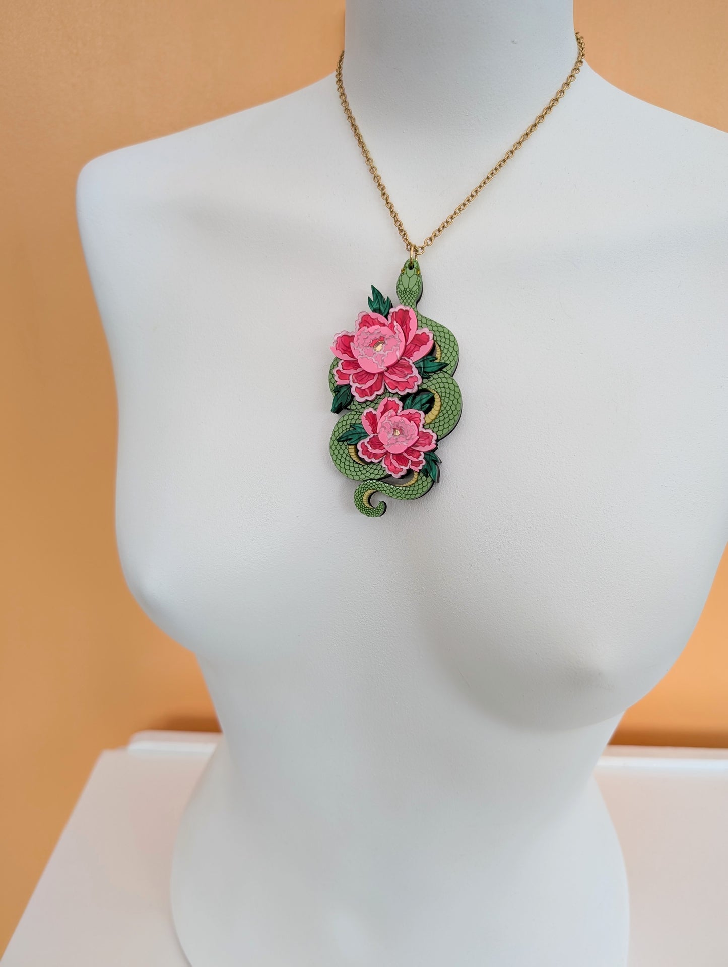PRE ORDER Snake & Floral Statement Pendant or Necklace (on it's side) GREEN