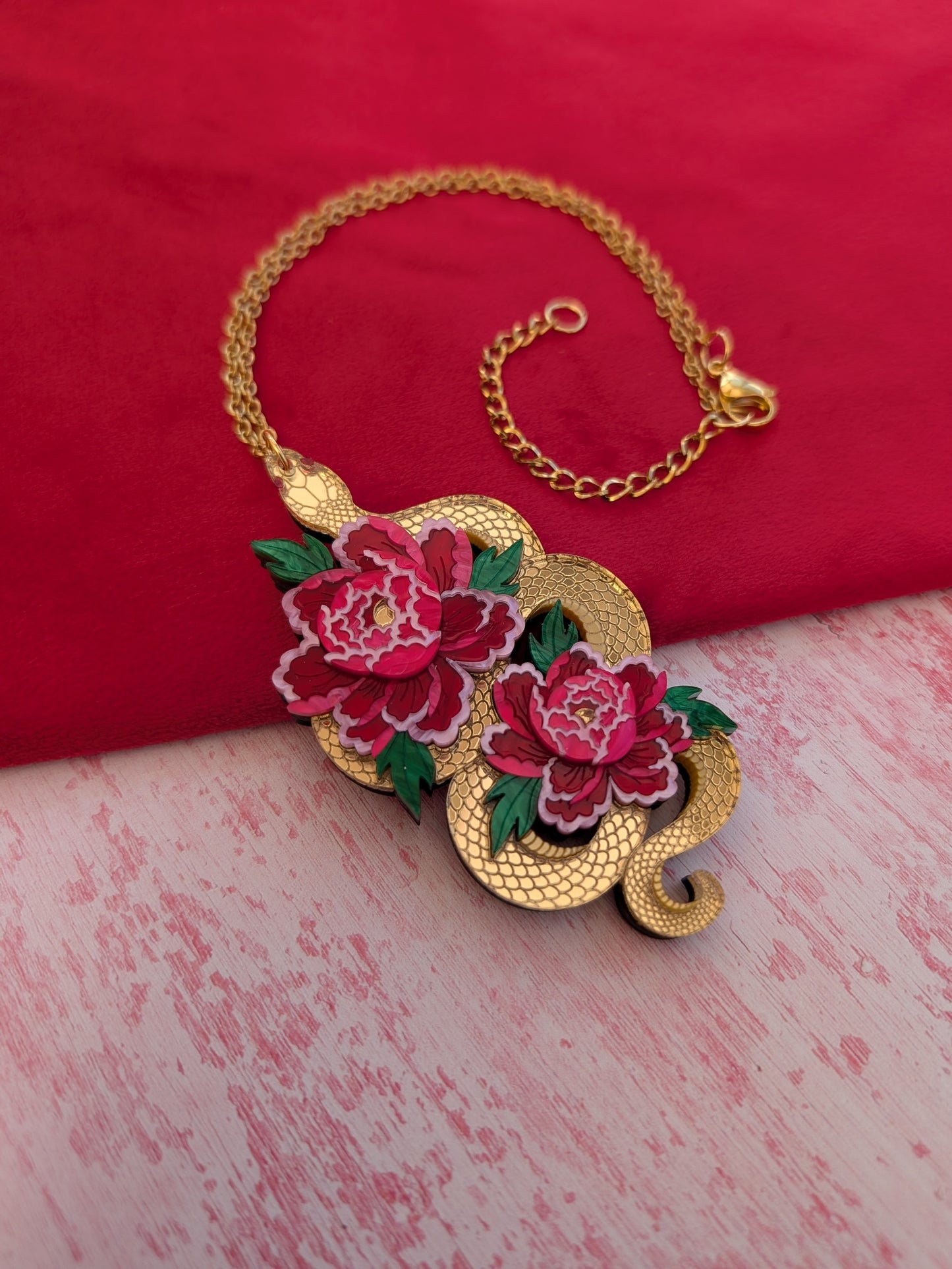 PRE ORDER Snake & Floral Statement Pendant or Necklace on it's side GOLD