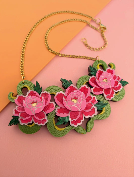 PRE ORDER Snakes & Florals Bib Necklace GREEN
