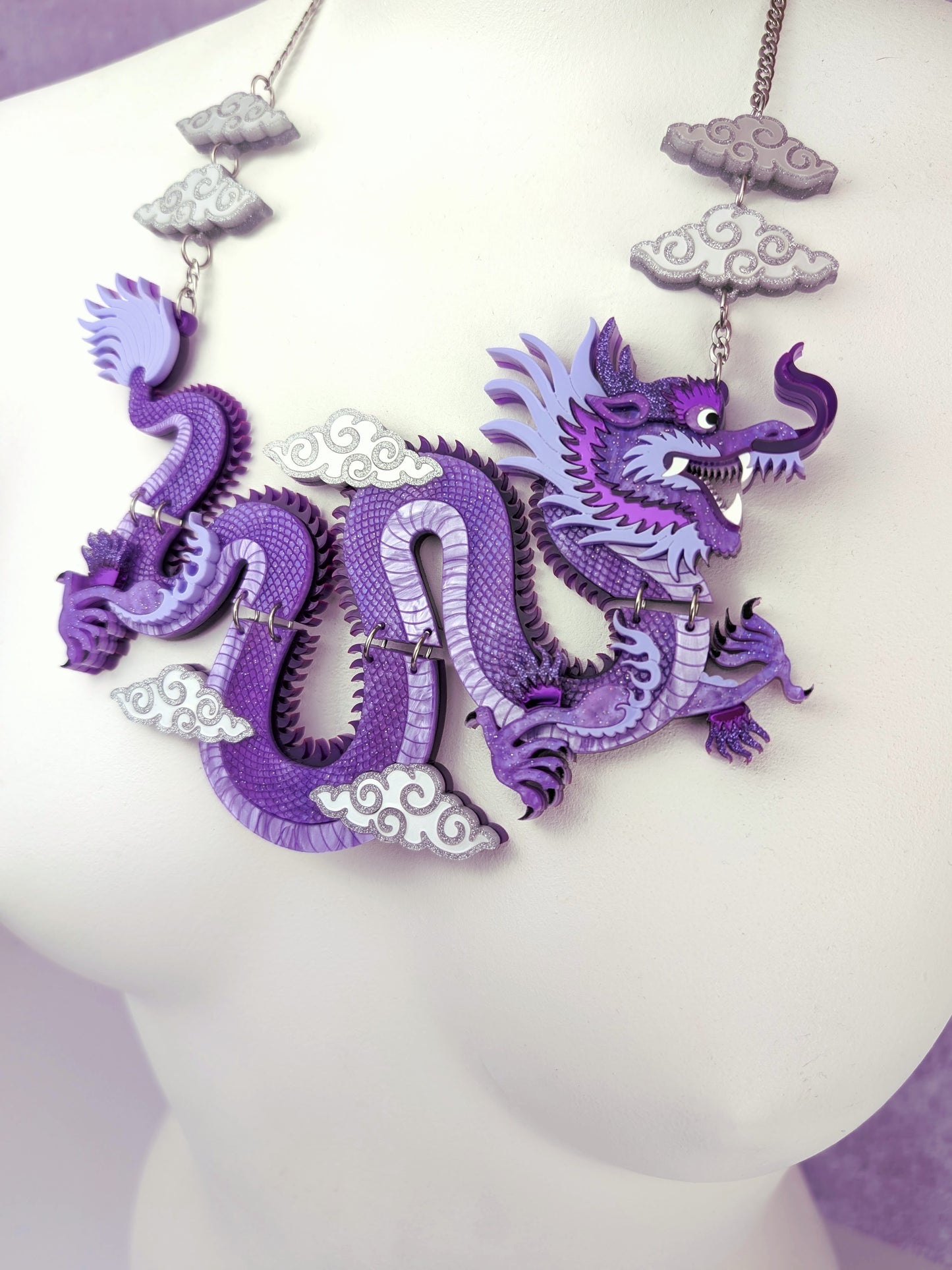 PRE ORDER Statement Chinese Dragon Necklace With Clouds PURPLE