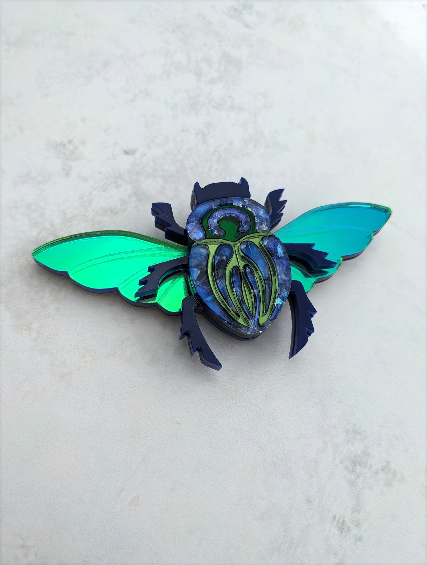 Scarab Beetle Brooch Blue/Green (new recycled acrylic) Part magnetic fastening