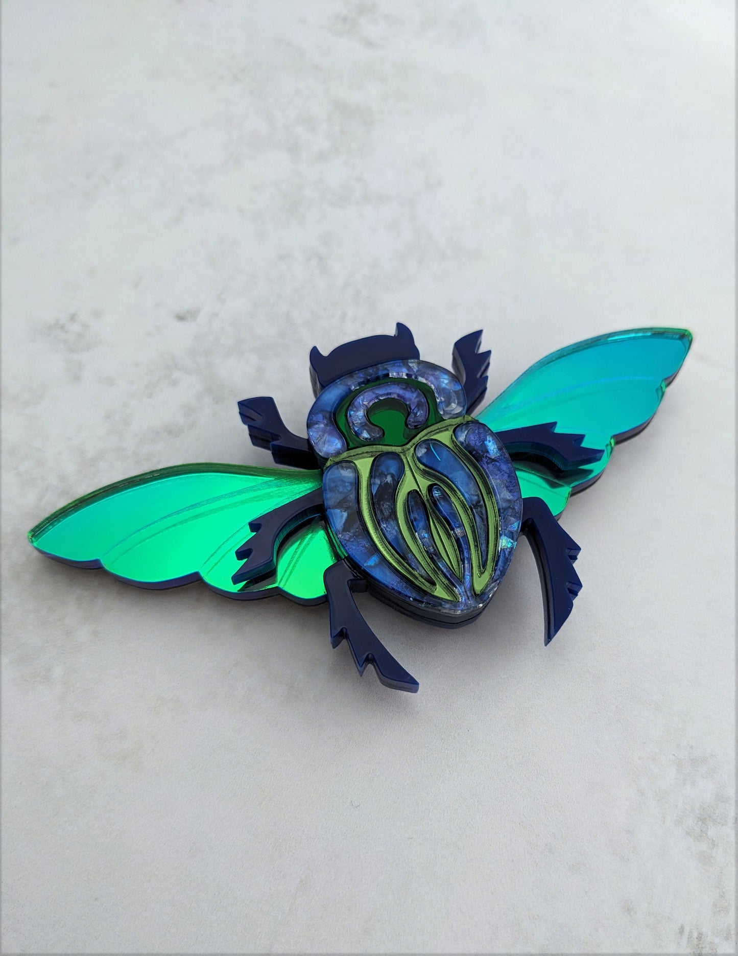 Scarab Beetle Brooch Blue/Green (new recycled acrylic) Part magnetic fastening