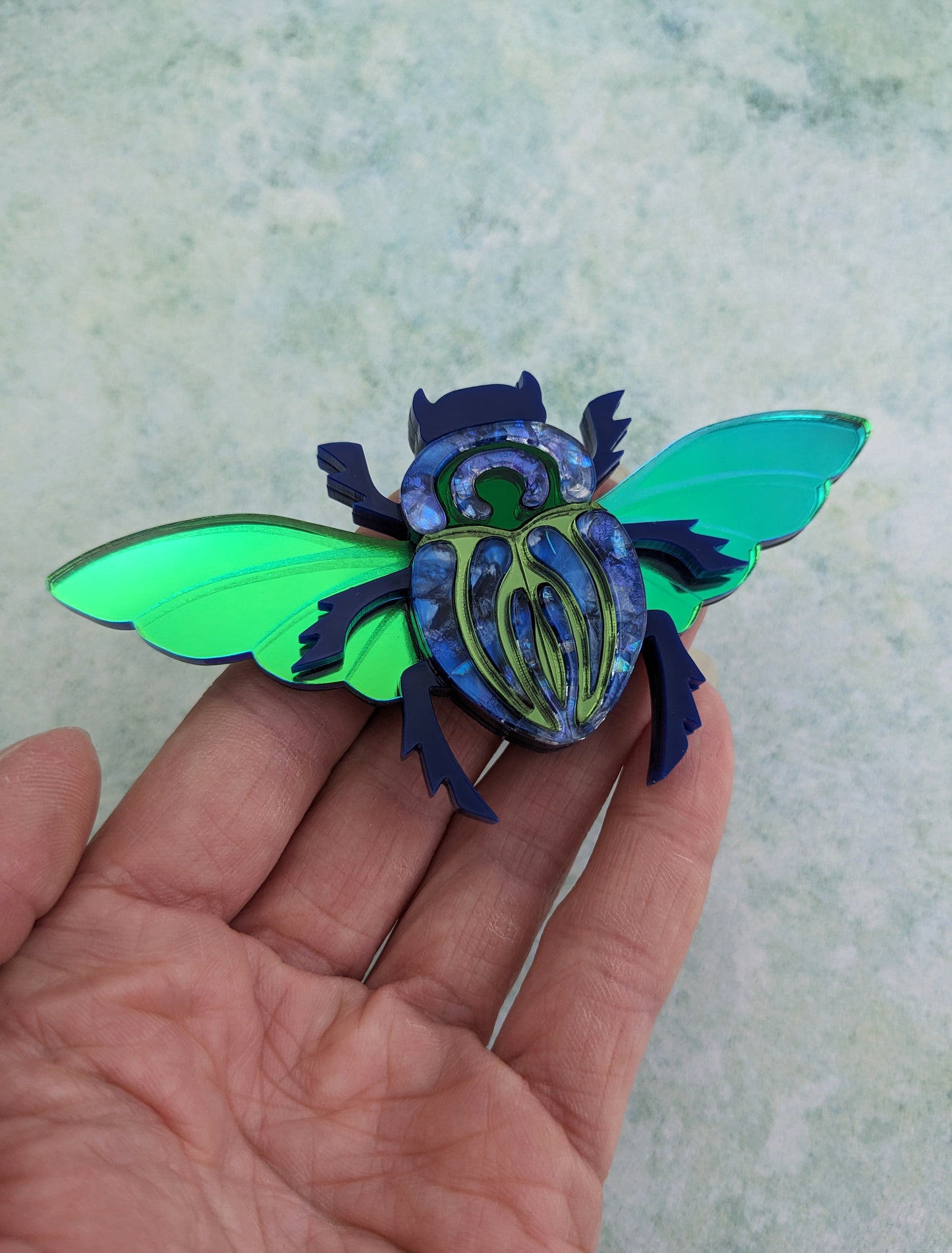 Scarab Beetle Brooch Blue/Green (new recycled acrylic) Part magnetic fastening