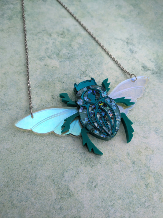 Scarab Beetle Necklace Jade/Teal (new recycled acrylic)