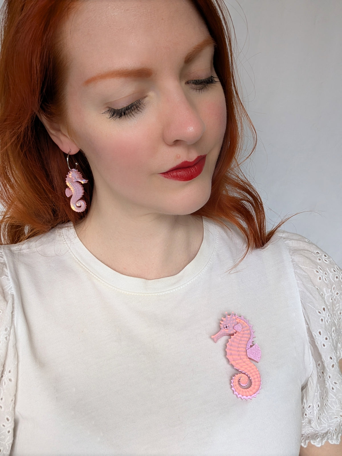 PRE ORDER Single Seahorse Earrings IRIDESCENT PINK (two sizes)