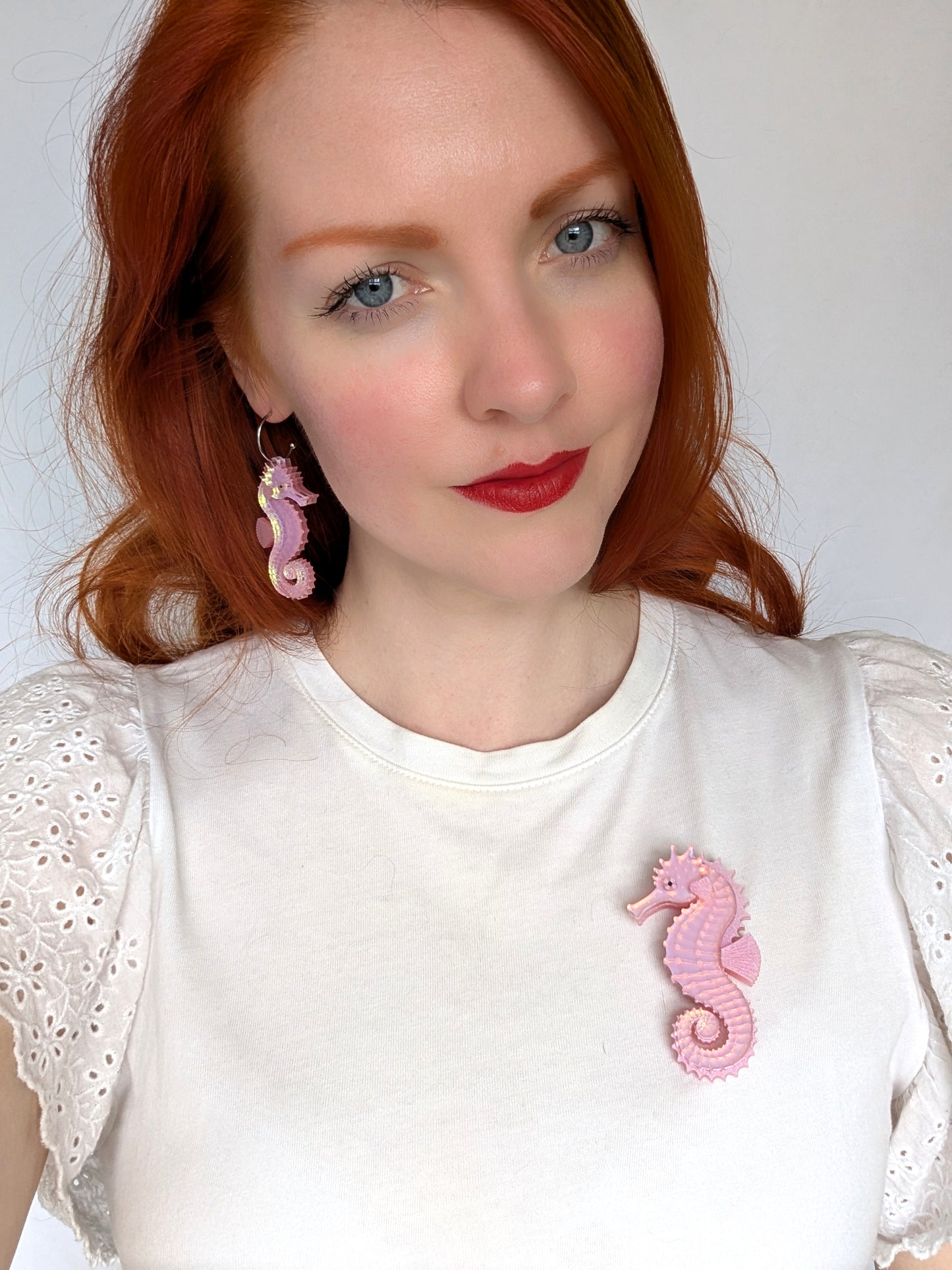 PRE ORDER Single Seahorse Earrings IRIDESCENT PINK (two sizes)