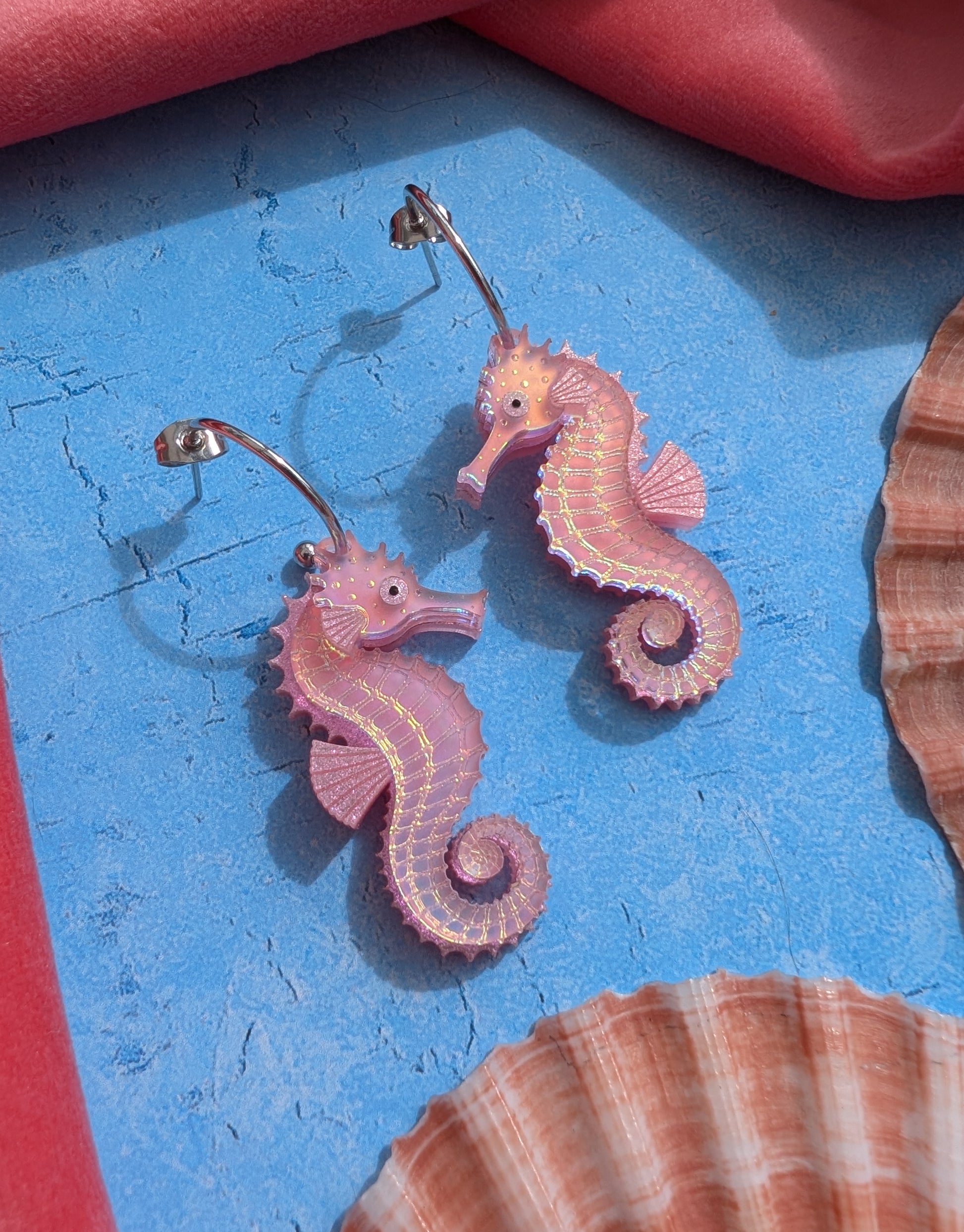 handmade laser cut acrylic pink iridescent seahorse earrings