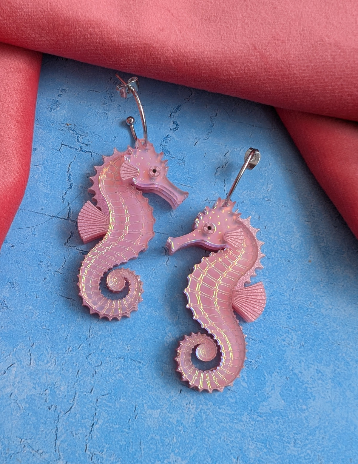 handmade laser cut acrylic pink iridescent seahorse earrings