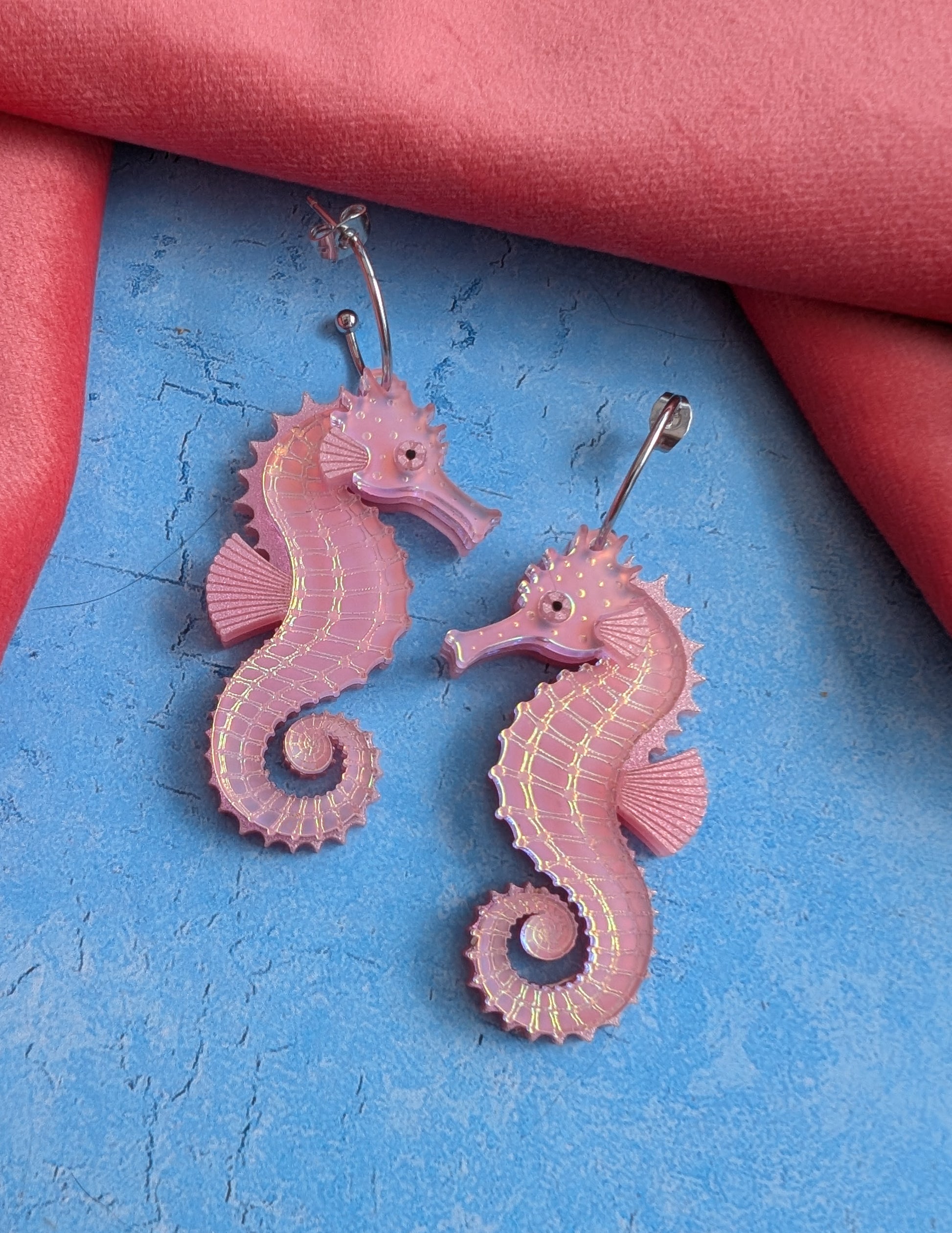 handmade laser cut acrylic pink iridescent seahorse earrings
