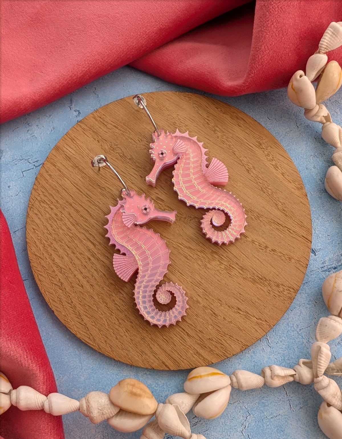 handmade laser cut acrylic pink iridescent seahorse earrings