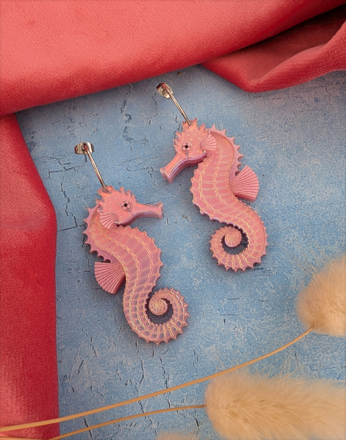 handmade laser cut acrylic pink iridescent seahorse earrings