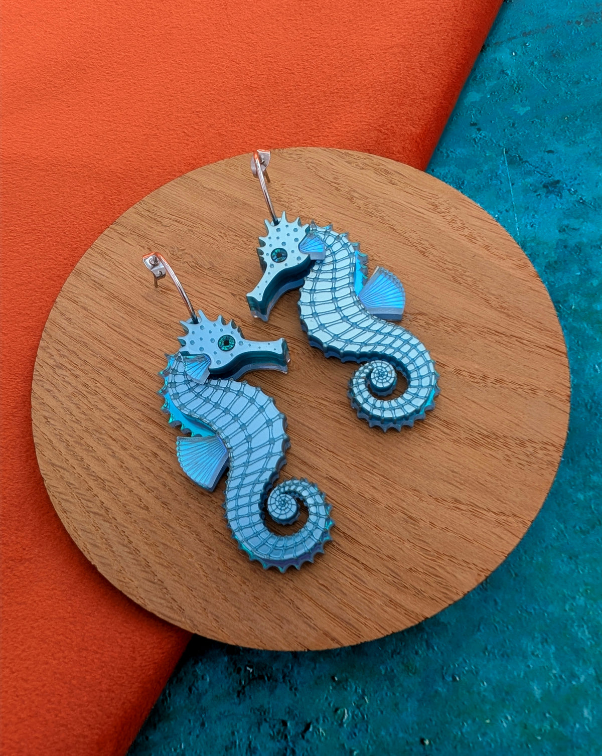 laser cut handmade acrylic blue seahorse earrings