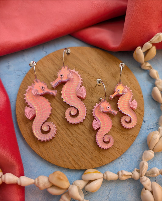 handmade laser cut acrylic pink iridescent seahorse earrings