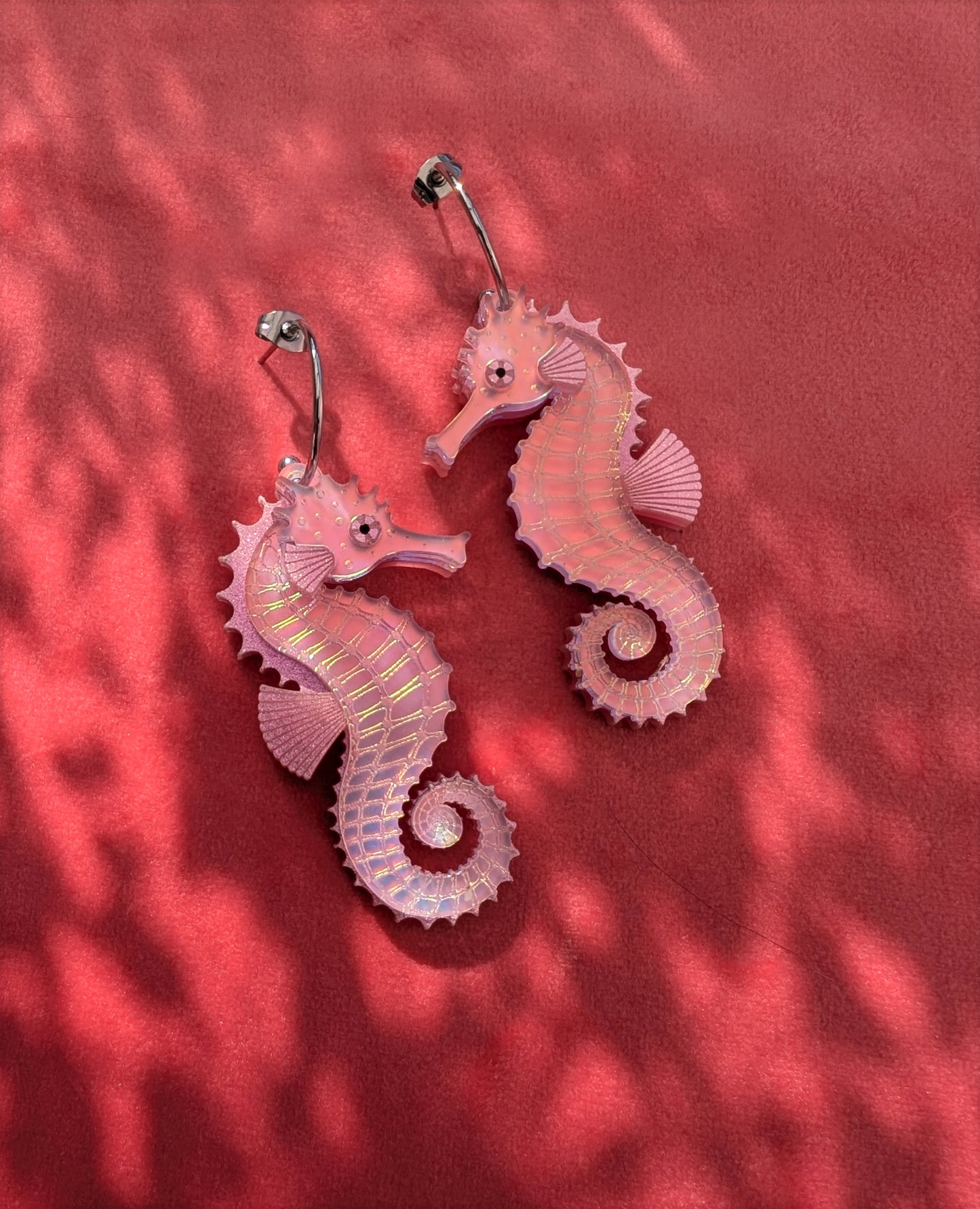 handmade laser cut acrylic pink iridescent seahorse earrings