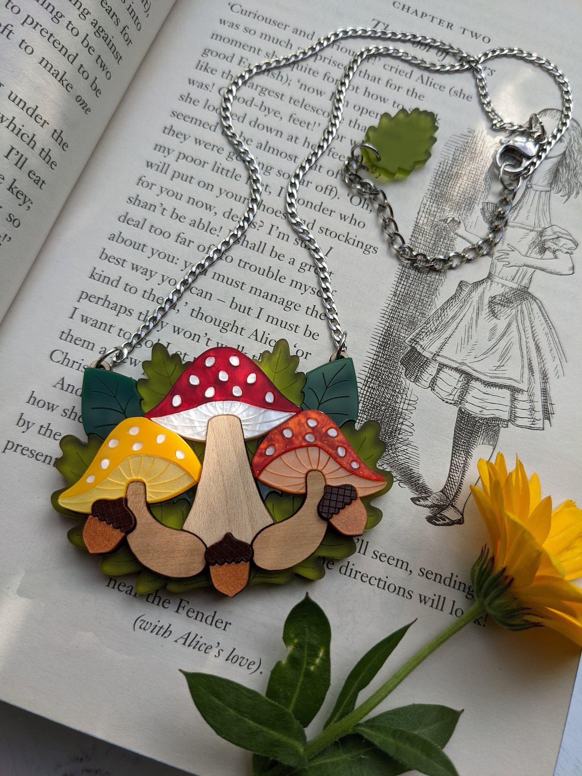 Handmade laser cut acrylic and wood mushroom necklace 