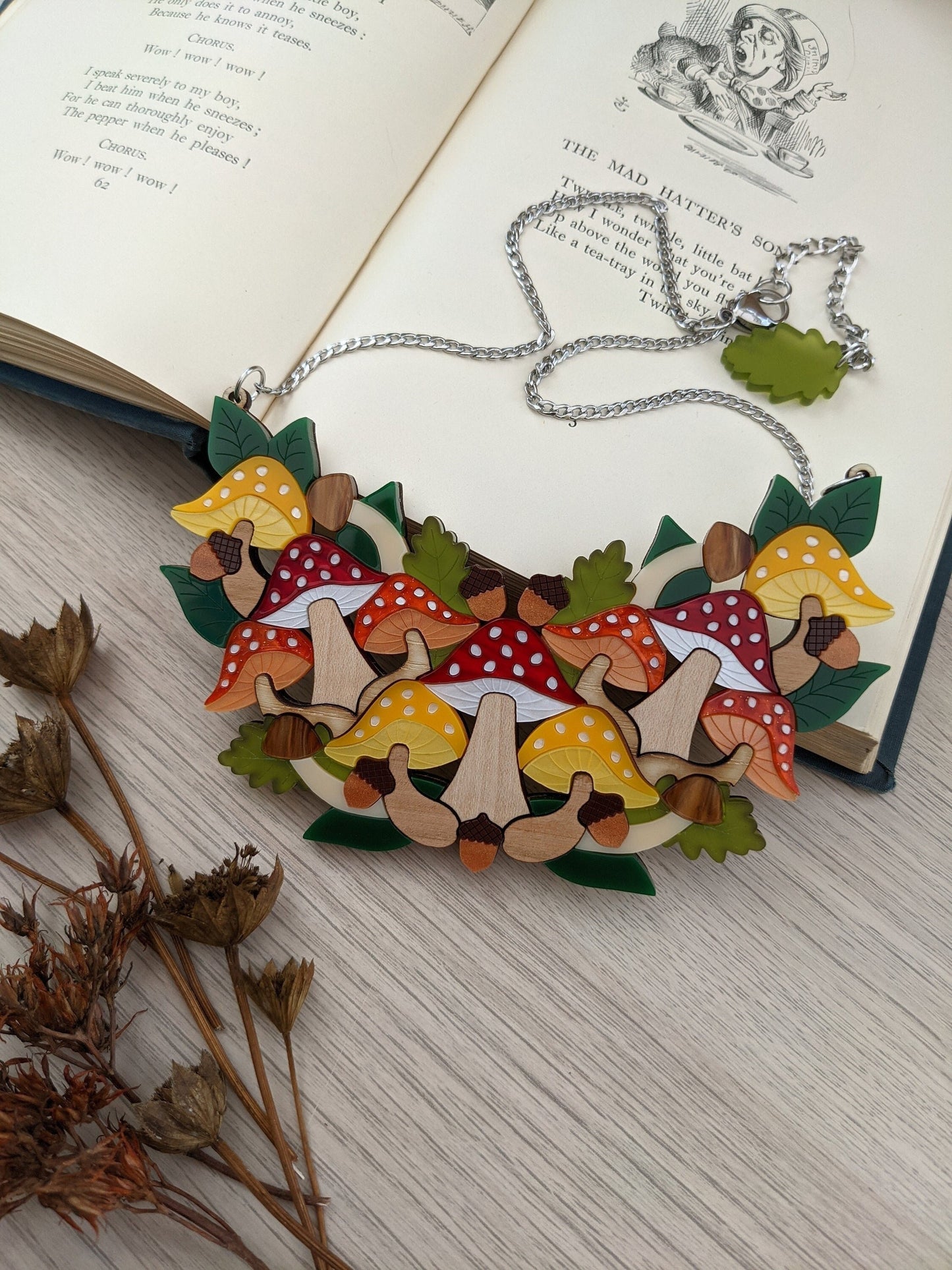 Laser cut acrylic autumn mushroom toadstool necklace fly agaric