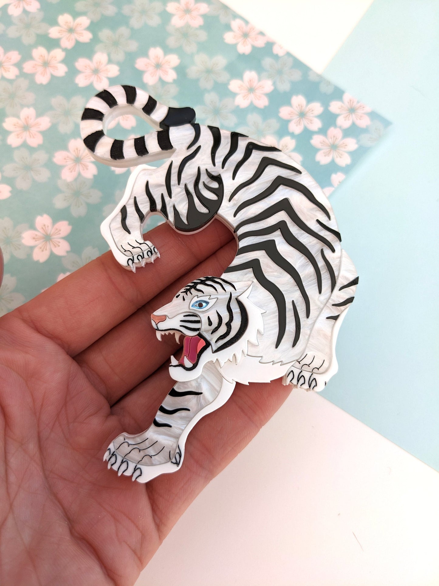 Handmade statement acrylic white tiger brooch 